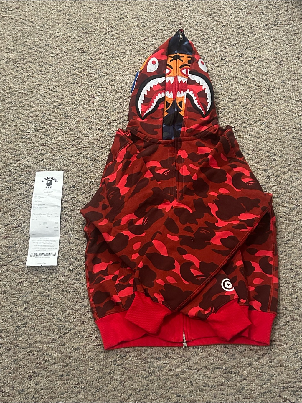 Bape Red & Orange Shark Camo Zip Hoodie -